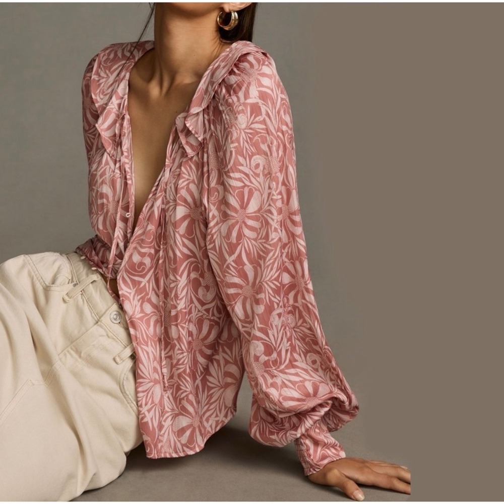 Florence Balducci Anthropologie Pink Floral Ruffle Tie Neck Blouse Small